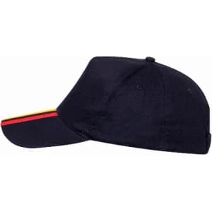A navy cap featuring a red and yellow striped design along the brim, with a logo on the side.