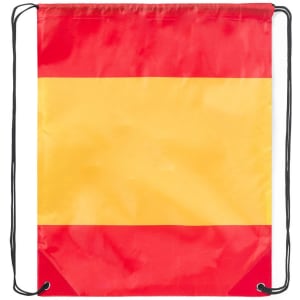 A drawstring backpack featuring the red and yellow colours of the Spanish flag, with a logo on the front.