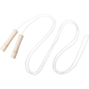 A skipping rope with wooden handles and a white rope, coiled on a flat surface.