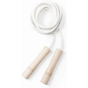 A skipping rope with wooden handles and a white, braided rope. It features a simple design with no branding visible.