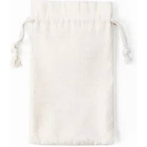 A drawstring pouch in cream colour made from soft fabric, featuring braided drawstrings on the top.