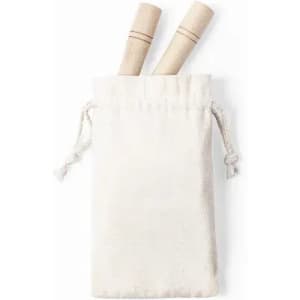 A natural fabric pouch containing two wooden rolling pins. The pouch has a drawstring closure.