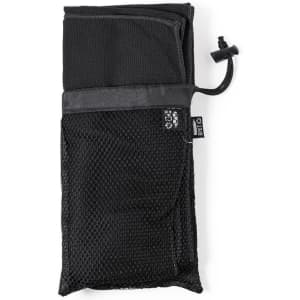 A black mesh carry pouch featuring a drawstring closure and a black panel on the top. It includes a branding logo.
