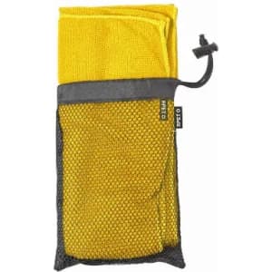 A yellow travel towel neatly folded and stored in a black mesh pouch with a drawstring.