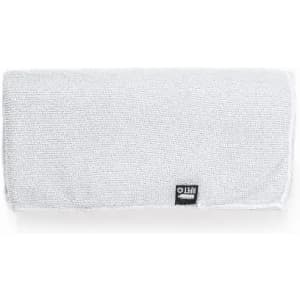 A grey towel with a textured surface and a small logo on one edge.
