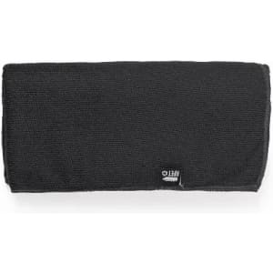 A black beanie made from textured fabric, featuring a small logo tag on one side.