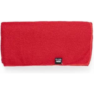 A red promotional towel featuring a label, with a textured fabric design.