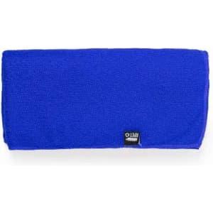 A blue towel with a rectangular shape, featuring a small logo tag.