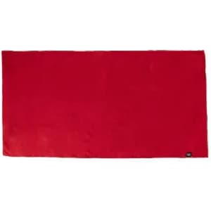 A red promotional towel with a small branding logo at one corner.