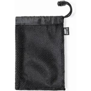 A black mesh drawstring pouch with a secure closure, ideal for storing small items.