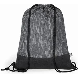 A drawstring backpack in grey with a textured pattern and a black base, featuring black cord straps and a logo.