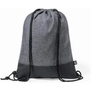 A drawstring bag in grey with a black bottom, featuring a logo on the side.