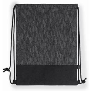 A drawstring bag in black and grey, featuring a textured pattern and adjustable straps.