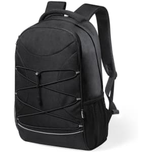 A black backpack featuring a sleek design, mesh side pocket, and adjustable straps. It has a logo on the front.