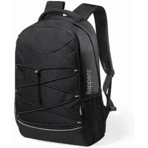 A black backpack with a sleek design, featuring adjustable straps and a mesh side pocket, with a branding logo.