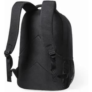 A black backpack with adjustable straps and mesh side pockets, featuring a minimalist design and no visible logo.