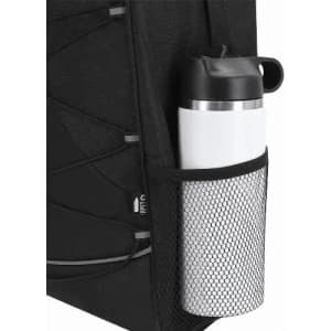A black backpack with a white drink bottle in a mesh side pocket, featuring a black cap.
