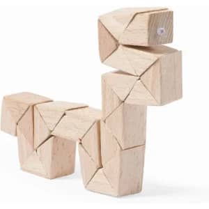 A wooden construction toy shaped like a dog, with geometric pieces in natural wood finish.