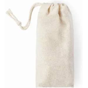 A drawstring pouch made of natural, unbleached fabric, featuring a twine closure.