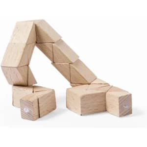 A set of wooden blocks arranged in a curved shape, showcasing natural wood colour and geometric design.