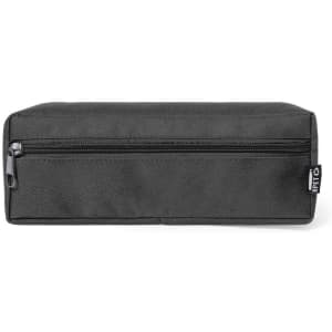 A pencil case in black with a zippered compartment and branding on the side.