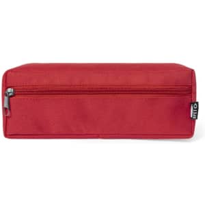 A red pencil case with a zippered compartment and a small logo tag.