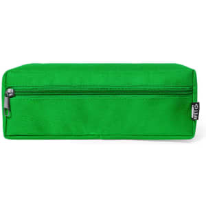 A green pencil case with a zippered compartment and a branded tag on the side.