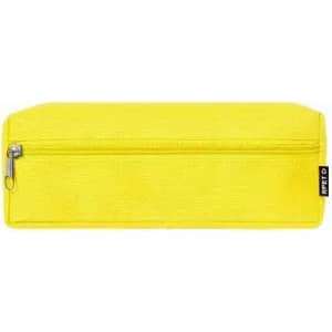 A pencil case in bright yellow with a zipper and a small logo tag on the side.