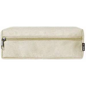 A pencil case in a textured cream colour with a zip closure and a small branding tag.