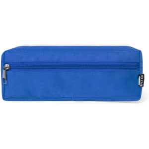 A pencil case in vibrant blue fabric with a zippered compartment and a small branding label.