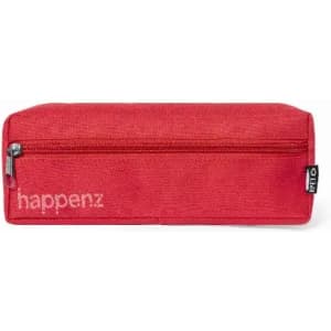 A pencil case in vibrant red with a zip closure and a branded tag on the side.