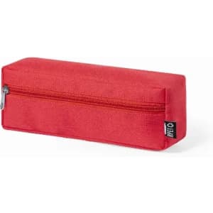 A red pencil case with a zip closure, featuring a discreet logo on the side.