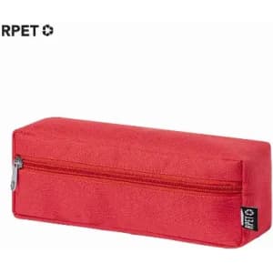 A red pencil case with a rectangular shape and a zippered closure. It features a logo on the side.