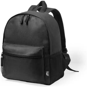 A black backpack with padded shoulder straps, a front pocket, and a mesh side pocket. Features a logo.