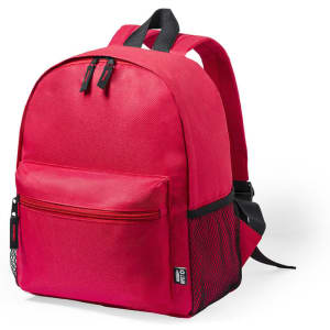 A red backpack featuring a front zip pocket and a mesh side pocket, with adjustable shoulder straps.