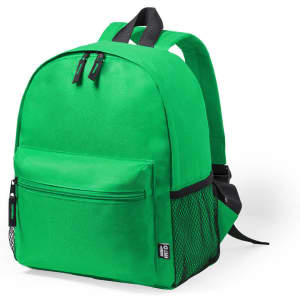 A green backpack with a front zip pocket and mesh side pocket, featuring black straps and branding.