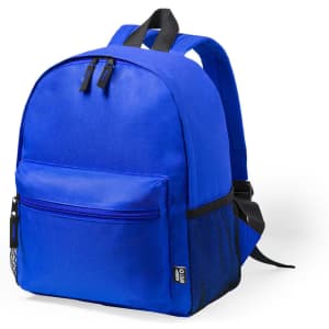 A blue backpack with a front pocket and mesh side pocket. It features adjustable straps and a logo on the front.