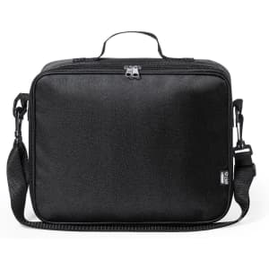 A laptop bag in black fabric with a single handle and adjustable shoulder strap. It features a zip closure and branding.