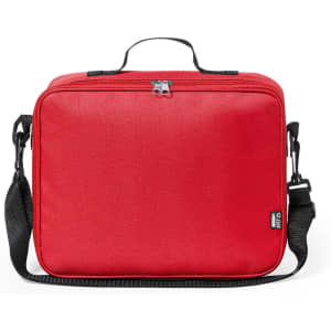A compact red promotional bag with a handle and adjustable shoulder strap, featuring a zip closure.