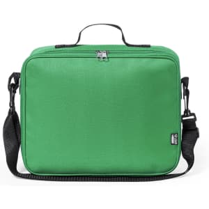 A green messenger bag with a zipper closure, featuring a handle and adjustable shoulder strap. It has a logo.