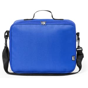 A blue laptop bag with a carry handle and an adjustable shoulder strap, featuring a zip closure.