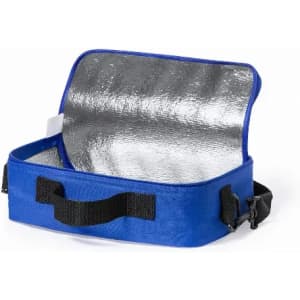 A thermal carry bag in vibrant blue with a silver insulated interior and black fastening straps.