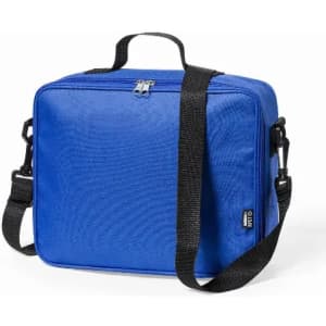 A blue carry bag with a zip closure and a detachable black strap. It features a small logo on the side.