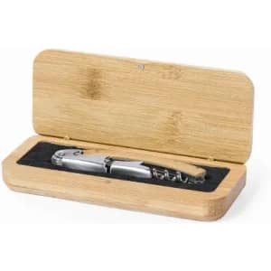 A corkscrew in a bamboo box, featuring a metallic handle and a wooden lever.