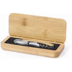 A corkscrew with a wooden handle, displayed inside a bamboo box with a black interior.