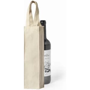 A drink bottle in a beige fabric bag with two handles, featuring a logo and a design on the bottle.