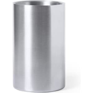 A drink bottle in a sleek, shiny silver stainless steel design with a cylindrical shape and no visible branding.