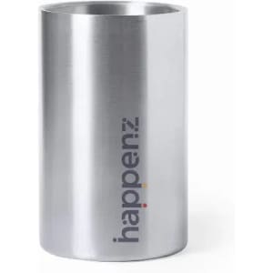 A stainless steel drink bottle with a sleek, cylindrical design and a logo on the side.
