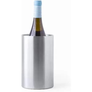 A drink bottle with a blue cap sits inside a sleek, silver stainless steel holder.