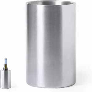 A metallic drink bottle cooler with a sleek, brushed finish, accompanied by a smaller bottle inside.